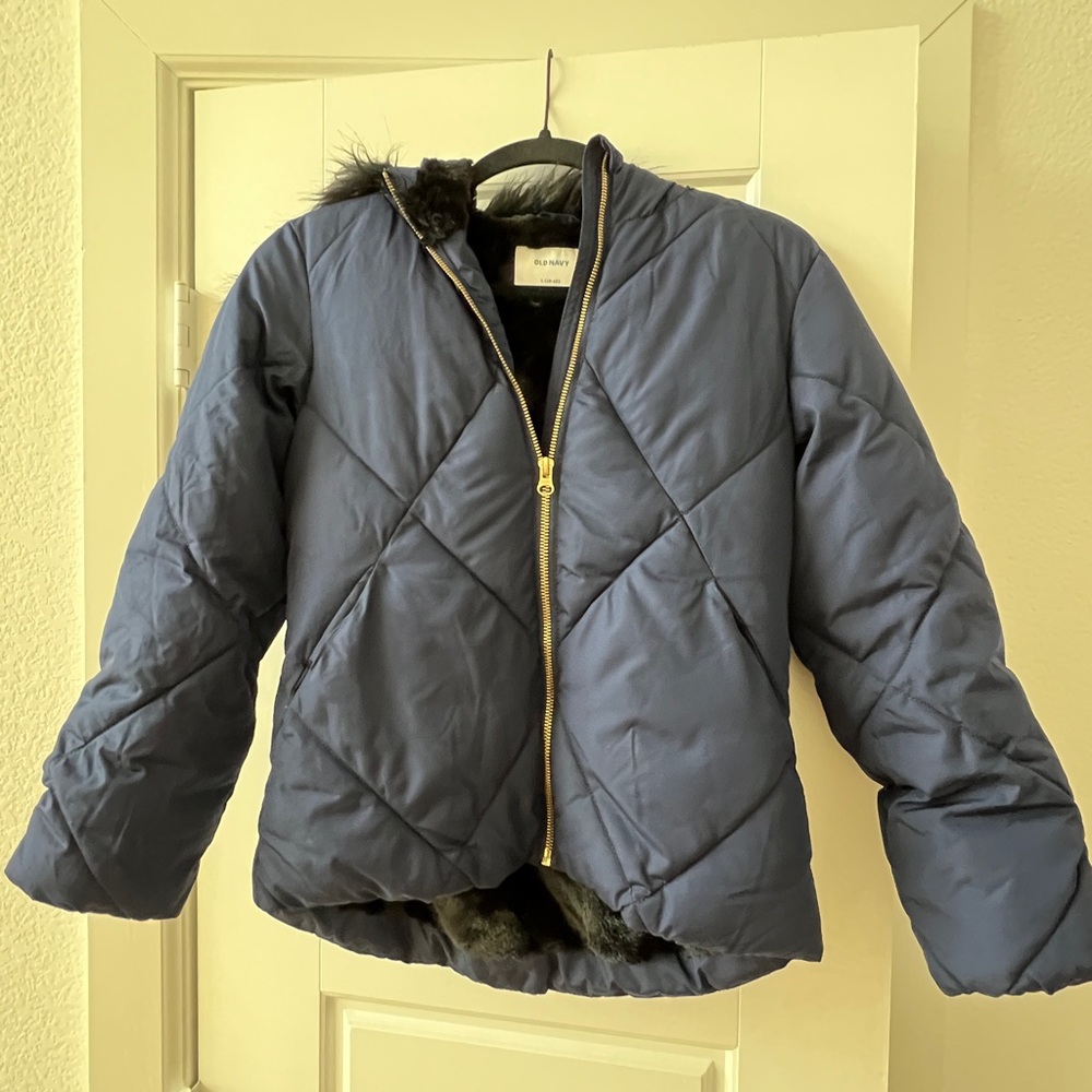 Old Navy Girls Faux Fur-Lined Puffer Jacket size 10-12 navy blue